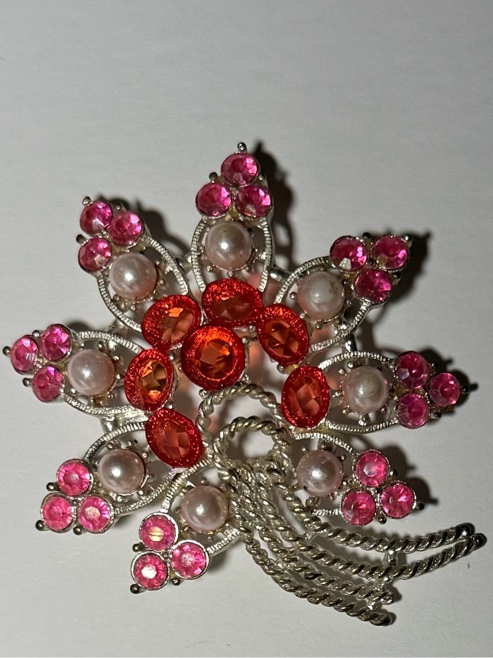 Vintage Pink and Orange Floral Crystal Brooch with Pearl Accents